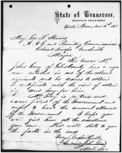 Letter of introduction for slave-owner John Gray of Giles county from Military Governor Andrew Johnson. 1863